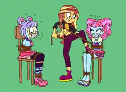 Size: 2529x1837 | Tagged: safe, artist:bugssonicx, derpibooru import, kiwi lollipop, sunset shimmer, supernova zap, equestria girls, equestria girls series, sunset's backstage pass!, spoiler:eqg series (season 2), abuse, bondage, bound and gagged, clothes, duct tape, female, femsub, gag, high heels, k-lo, kiwisub, novasub, postcrush, rope, rope bondage, sandals, shoes, skirt, su-z, submissive, tape, tape gag, tied to chair, tied up, tying