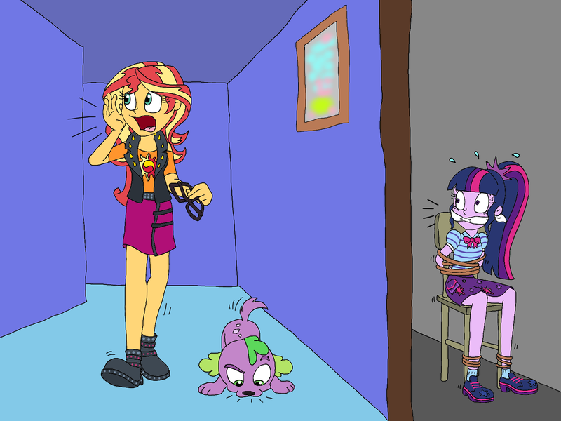 Size: 1718x1289 | Tagged: safe, artist:bugssonicx, derpibooru import, sci-twi, spike, spike the regular dog, sunset shimmer, twilight sparkle, dog, equestria girls, bondage, bound and gagged, calling, cleave gag, clothes, female, gag, glasses, missing accessory, open mouth, rope, rope bondage, searching, skirt, sniffing, tied to chair