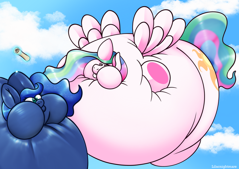 Size: 3508x2480 | Tagged: questionable, artist:fallenandscattered, derpibooru import, part of a set, princess celestia, princess luna, alicorn, belly, big belly, blimp, body inflation, butt, expansion, eyes closed, glowing horn, horn, horn inflation, huge belly, huge butt, impossibly large belly, inflated ears, inflated hooves, inflation, large butt, levitation, magic, part of a series, puffy cheeks, scroll, spell, telekinesis