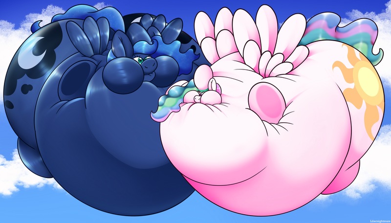 Size: 5384x3072 | Tagged: questionable, artist:fallenandscattered, derpibooru import, part of a set, princess celestia, princess luna, alicorn, belly, big belly, blimp, body inflation, butt, expansion, floating, horn inflation, huge belly, huge butt, hyper inflation, impossibly large belly, impossibly large butt, inflatable, inflated ears, inflated head, inflated wings, inflation, large butt, part of a series, snoot, wings