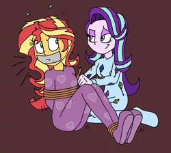 Size: 1382x1239 | Tagged: safe, artist:bugssonicx, derpibooru import, starlight glimmer, sunset shimmer, equestria girls, arm behind back, bondage, bound and gagged, clothes, footed sleeper, footie pajamas, gag, onesie, pajamas, rope, rope bondage, sleepover, slumber party, tape, tape gag, tied up, tying