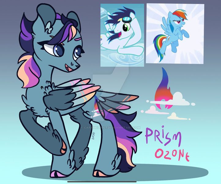 Size: 1920x1595 | Tagged: safe, artist:caramelbolt24, derpibooru import, rainbow dash, soarin', oc, oc:prism ozone, pegasus, pony, cloven hooves, feathered fetlocks, female, male, mare, offspring, parent:rainbow dash, parent:soarin', parents:soarindash, screencap reference, shipping, soarindash, stallion, straight, tail feathers