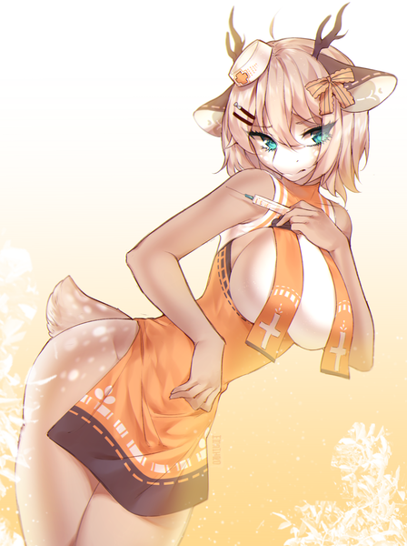 Size: 1709x2287 | Tagged: anthro, apron, artist:mashiro, artist:sssinohu, clothes, deer, deer pony, derpibooru import, hat, nurse hat, oc, original species, safe, syringe