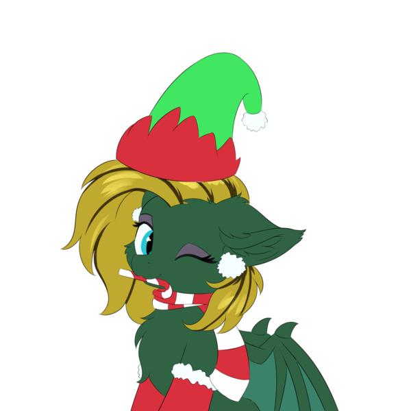 Size: 5000x5000 | Tagged: safe, artist:lunar froxy, derpibooru import, oc, oc:midnight lightning, unofficial characters only, bat pony, pony, bat wings, candy, candy cane, chest fluff, christmas, clothes, commission, cute, ear fluff, elf hat, eyeshadow, female, food, hat, holiday, looking at you, makeup, mare, one eye closed, santa hat, scarf, simple background, socks, transparent background, wings, wink, winking at you, ych result