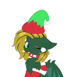 Size: 5000x5000 | Tagged: safe, artist:lunar froxy, derpibooru import, oc, oc:midnight lightning, unofficial characters only, bat pony, pony, bat wings, candy, candy cane, chest fluff, christmas, clothes, commission, cute, ear fluff, elf hat, eyeshadow, female, food, hat, holiday, looking at you, makeup, mare, one eye closed, santa hat, scarf, simple background, socks, transparent background, wings, wink, winking at you, ych result