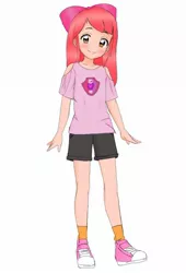 Size: 816x1200 | Tagged: safe, artist:izzierichard, derpibooru import, apple bloom, human, adorabloom, apple bloom's cutie mark, bow, clothes, converse, cute, cutie mark, cutie mark on clothes, exploitable meme, female, humanized, meme, shoes, shorts, smiling, sneakers, solo, the cmc's cutie marks