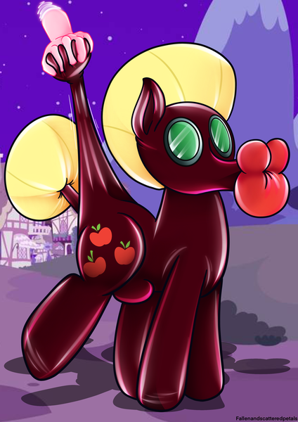 Size: 2480x3508 | Tagged: questionable, artist:fallenandscattered, derpibooru import, applejack, earth pony, big lips, butt grab, butt touch, crotch bulge, disembodied hand, drone, grope, hand, latex, latex suit, magic, magic hands, rubber, rubber drone, stretching
