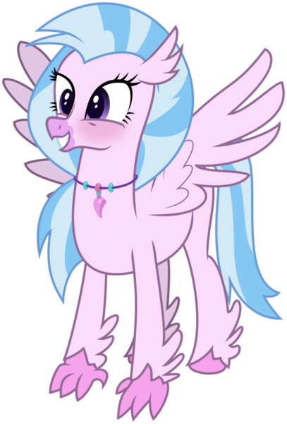 Size: 637x939 | Tagged: safe, artist:byteslice, derpibooru import, silverstream, classical hippogriff, hippogriff, blushing, female, simple background, smiling, spread wings, standing, svg, .svg available, transparent background, vector, wings
