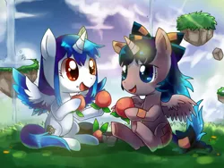 Size: 800x600 | Tagged: safe, artist:sukeyfour, derpibooru import, ponified, alicorn, pony, crossover, cute, duo, eating, female, food, fruit, herbivore, hinanai tenshi, horn, mare, peach, touhou, wings, yorigami shion