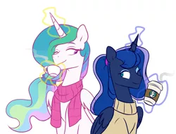 Size: 3928x2999 | Tagged: safe, artist:chub-wub, derpibooru import, princess celestia, princess luna, alicorn, pony, alternate hairstyle, clothes, coffee, coffee cup, cup, cute, duo, female, food, looking at each other, magic, mare, one eye closed, ponytail, royal sisters, scarf, siblings, simple background, sisters, sweater, tea, teacup, telekinesis, white background, wink