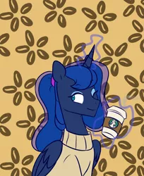 Size: 2449x2999 | Tagged: safe, artist:chub-wub, derpibooru import, princess luna, alicorn, pony, alternate hairstyle, clothes, coffee, coffee beans, coffee cup, cup, cute, female, lunabetes, magic, mare, one eye closed, ponytail, solo, sweater, telekinesis, wink