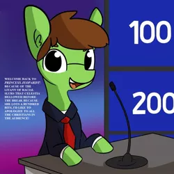Size: 1080x1080 | Tagged: safe, artist:tjpones, derpibooru import, edit, oc, oc:tjpones, earth pony, pony, jeopardy, looking at you, microphone, misspelling, necktie, solo