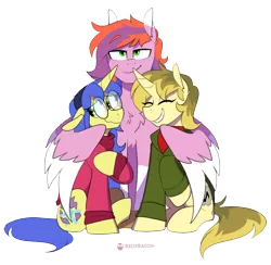 Size: 1286x1256 | Tagged: safe, artist:redxbacon, derpibooru import, edit, editor:ciaran, oc, oc:chromatic melody, oc:logical leap, oc:sunny shadow, unofficial characters only, pegasus, pony, unicorn, derpibooru community collaboration, 2021 community collab, chest fluff, clothes, glasses, hoodie, hug, simple background, smiling, sweater, transparent background, trio, winghug