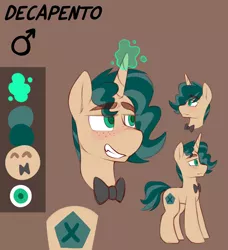 Size: 3076x3376 | Tagged: safe, artist:anon_1515, derpibooru import, oc, oc:decapento, unofficial characters only, pony, unicorn, blushing, bowtie, brown background, clenched teeth, colored, colored pupils, cutie mark, eyebrows visible through hair, flat colors, freckles, glowing horn, grin, high res, horn, magic, male, male symbol, raised eyebrows, reference sheet, simple background, smiling, solo, stallion