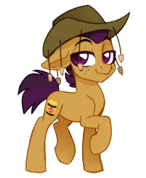 Size: 1605x1947 | Tagged: safe, artist:sickly-sour, derpibooru import, edit, editor:ciaran, oc, oc:vegemite, unofficial characters only, earth pony, pony, derpibooru community collaboration, 2021 community collab, australia, bruce, colored, colored pupils, cork hat, cutie mark, earth pony oc, freckles, hat, male, simple background, smug, stallion, transparent background, two toned mane, vegemite