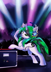 Size: 2075x2890 | Tagged: safe, artist:f-nar, derpibooru import, oc, oc:ray scratch, unicorn, concert, disc jockey, headphones, horn, nightclub, one eye closed, reflector, speakers, turntable, unicorn oc