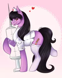 Size: 1024x1284 | Tagged: safe, artist:themstap, derpibooru import, oc, earth pony, pony, clothes, costume, female, halloween, halloween costume, hat, heart, holiday, injection, mare, nurse, nurse hat, nurse outfit, sassy, socks, solo, stockings, syringe, thigh highs