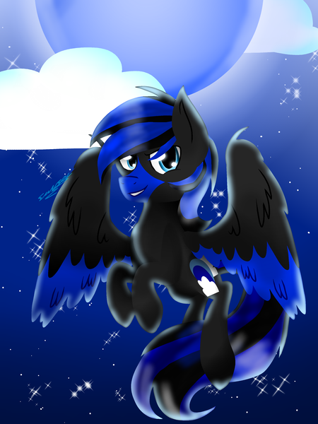 Size: 2100x2800 | Tagged: safe, artist:juliet-gwolf18, derpibooru import, oc, oc:bluemoon, pegasus, blue moon, cloud, flying, looking at you, night, night sky, pegasus oc, sky, wings