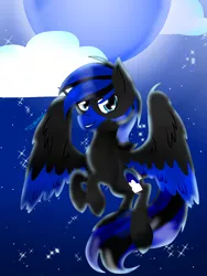 Size: 2100x2800 | Tagged: safe, artist:juliet-gwolf18, derpibooru import, oc, oc:bluemoon, pegasus, blue moon, cloud, flying, looking at you, night, night sky, pegasus oc, sky, wings