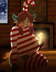 Size: 674x866 | Tagged: suggestive, artist:desingahv, derpibooru import, yona, anthro, yak, big breasts, breasts, busty yona, candy, candy cane, commission, female, fireplace, food, huge breasts, image, looking at you, older, older yona, png, solo, solo female, stupid sexy yona, unmoving plaid