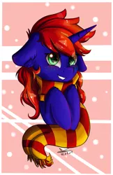 Size: 1017x1574 | Tagged: safe, artist:yuris, derpibooru import, oc, oc:helga, unofficial characters only, pony, unicorn, clothes, cute, green eyes, gryffindor, gryffindor scarf, harry potter, scarf, smiling, solo