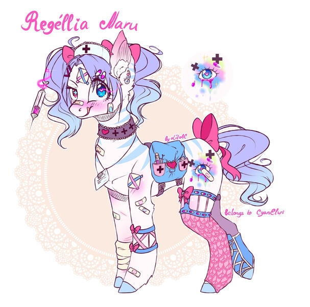 Size: 2048x2024 | Tagged: safe, artist:akimi--chan, derpibooru import, oc, unofficial characters only, earth pony, pony, bag, bow, choker, clothes, earth pony oc, female, hat, heterochromia, jewelry, licking, licking lips, magic, mare, necklace, needle, nurse hat, saddle bag, signature, socks, solo, tail bow, telekinesis, tongue out