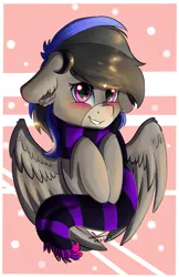 Size: 1017x1574 | Tagged: safe, artist:yuris, derpibooru import, oc, oc:gamebrony, unofficial characters only, pegasus, pony, clothes, pink eyes, scarf, smiling, solo