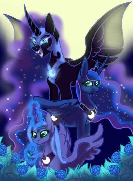 Size: 1613x2200 | Tagged: safe, artist:karathepony, derpibooru import, nightmare moon, princess luna, pony, flower, lunar trinity, magic, s1 luna