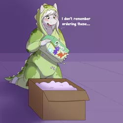 Size: 3000x3000 | Tagged: suggestive, artist:baltnwolf, derpibooru import, oc, oc:fossil fluster, anthro, earth pony, pony, box, clothes, costume, diaper, diaper fetish, diaper package, dinosaur costume, fetish, kigurumi, non-baby in diaper, packing peanuts