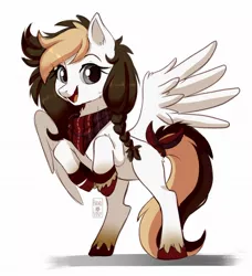 Size: 1108x1213 | Tagged: safe, artist:hikariviny, derpibooru import, oc, oc:sweet lullaby, unofficial characters only, pegasus, pony, braid, clothes, rearing, scarf, solo, spread wings, wings