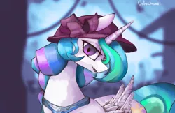 Size: 3831x2482 | Tagged: safe, artist:colochenni, derpibooru import, princess celestia, alicorn, alternate hairstyle, blurred background, canterlot, collar, female, hat, horn, wings