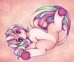 Size: 2000x1691 | Tagged: safe, artist:drawsyraccoon, derpibooru import, oc, oc:astra, pony, unicorn, featureless crotch, looking at you, lying down, multicolored mane, multicolored tail, on back, pale belly, solo, spread legs, spreading, underhoof
