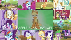 Size: 1966x1107 | Tagged: alicorn, aloe, applejack, applejack's "day" off, behaving like a chicken, birch bucket, bulk biceps, carrot cake, derpibooru import, edit, edited screencap, editor:quoterific, food, lavender essence, pie, pig, rainbow dash, rarity, safe, screencap, spike, tools, twilight sparkle, twilight sparkle (alicorn)