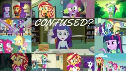 Size: 1966x1107 | Tagged: safe, derpibooru import, edit, edited screencap, editor:quoterific, screencap, adagio dazzle, apple bloom, applejack, aria blaze, fluttershy, photo finish, pinkie pie, pixel pizazz, rainbow dash, rarity, sci-twi, scootaloo, sonata dusk, spike, spike the regular dog, sunset shimmer, twilight sparkle, violet blurr, dog, epic fails (equestria girls), eqg summertime shorts, equestria girls, equestria girls (movie), equestria girls series, forgotten friendship, leaping off the page, legend of everfree, rainbow rocks, the science of magic, confused, food, geode of empathy, geode of fauna, geode of shielding, geode of sugar bombs, geode of super speed, geode of super strength, geode of telekinesis, humane five, humane seven, humane six, magical geodes, sandwich, spike the dog, the dazzlings
