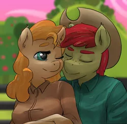 Size: 1200x1176 | Tagged: safe, artist:peachykireen, derpibooru import, bright mac, pear butter, anthro, earth pony, brightbutter, cowboy hat, digital art, female, hat, male, nuzzling, shipping, straight