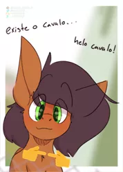 Size: 1956x2742 | Tagged: safe, artist:kirbirb, derpibooru import, oc, oc:notetaker, unofficial characters only, earth pony, pony, bust, emoji, eye clipping through hair, looking at you, male, solo, spanish, stallion