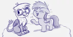 Size: 1686x858 | Tagged: safe, artist:heretichesh, derpibooru import, gilda, rainbow dash, gryphon, pegasus, pony, bully, bullying, chickub, chickub gilda, cloud, crying, duo, egghead, female, filly, filly rainbow dash, glasses, laughing, nerd, on a cloud, pointing, rainbow douche, sitting, sitting on cloud, tears of laughter, younger