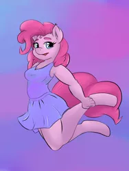 Size: 1200x1600 | Tagged: safe, artist:peachykireen, derpibooru import, pinkie pie, anthro, earth pony, clothes, digital art, dress, jumping, solo