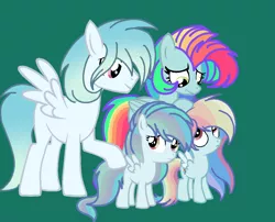 Size: 1070x866 | Tagged: safe, artist:circuspaparazzi5678, derpibooru import, oc, oc:rainbow autumn, oc:rainbow blitz, oc:rainbow sugar, oc:suga water, pegasus, pony, base used, family, female, filly, frown, green background, magical lesbian spawn, male, mare, multicolored hair, next generation, offspring, offspring's offspring, parent:fluttershy, parent:oc:rainbow blitz, parent:oc:suga water, parent:rainbow dash, parents:flutterdash, parents:oc x oc, rainbow hair, siblings, simple background, sisters, smiling, stallion