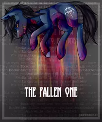 Size: 1725x2054 | Tagged: semi-grimdark, artist:goddamncat, derpibooru import, oc, ponified, ponified:oliver sykes, earth pony, pony, undead, zombie, zombie pony, blood, blood stains, bloodshot eyes, bone, calm, colored blood, commission, dead, fangs, glasgow smile, injured, lying down, male, rainbow blood, sad, scar, side, solo, song reference, stallion, stitches, tattoo, text, torn ear, ych result