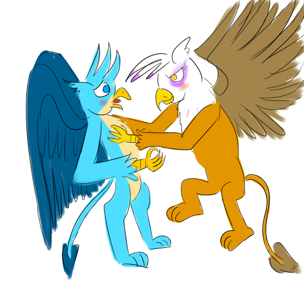 Size: 600x600 | Tagged: safe, artist:horsesplease, derpibooru import, gallus, gilda, gryphon, blushing, female, gildus, imminent kissing, male, shipping, shocked, smiling, smirk, straight