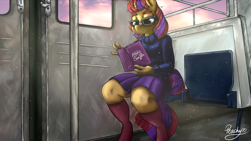 Size: 3840x2160 | Tagged: safe, artist:peachykireen, derpibooru import, moondancer, anthro, unicorn, book, clothes, food, glasses, reading, single, sitting, skirt, socks, solo, subway