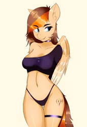 Size: 2400x3500 | Tagged: suggestive, artist:meowless, derpibooru import, oc, oc:aerion featherquill, anthro, pegasus, belly button, breasts, choker, clothes, commission, female, off shoulder, panties, shirt, solo, underwear, ych result