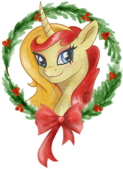 Size: 400x550 | Tagged: safe, artist:cwossie, derpibooru import, oc, oc:miss libussa, unofficial characters only, unicorn, bow, christmas, czequestria, deviantart watermark, eyeshadow, female, holiday, horn, makeup, mascot, obtrusive watermark, simple background, solo, transparent background, unicorn oc, watermark, wreath