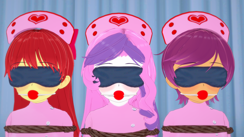 Size: 1280x720 | Tagged: questionable, artist:csxz, derpibooru import, apple bloom, scootaloo, sweetie belle, equestria girls, ballgag, blushing, bondage, bound and gagged, cutie mark crusaders, gag, koikatsu, nurse, nurse outfit, pixiv, sleep mask, tied up