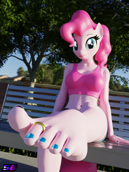 Size: 2160x2880 | Tagged: 3d, anthro, artist:shadowboltsfm, bench, blender, breasts, derpibooru import, eyelashes, feet, fetish, foot fetish, foot focus, high res, jewelry, looking at you, nail polish, not sfm, pinkie pie, plantigrade anthro, sitting, smiling, suggestive, toenail polish, toe ring, toes