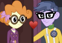 Size: 969x671 | Tagged: safe, deleted from derpibooru, derpibooru import, edit, edited screencap, screencap, microchips, scribble dee, equestria girls, equestria girls series, background human, cropped, female, glasses, heart, male, microdee, shipping, shipping domino, straight, techies