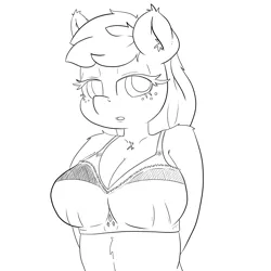 Size: 3000x3000 | Tagged: suggestive, artist:peachykireen, deleted from derpibooru, derpibooru import, applejack, anthro, earth pony, black and white, bra, breasts, busty applejack, clothes, digital art, grayscale, lineart, lingerie, monochrome, solo, underwear
