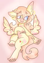 Size: 640x900 | Tagged: safe, artist:junko, derpibooru import, oc, oc:peony fields, unofficial characters only, pegasus, pony, bean brows, chest fluff, ear fluff, ear piercing, female, looking offscreen, mare, piercing, signature, smiling, spread wings, unshorn fetlocks, wings