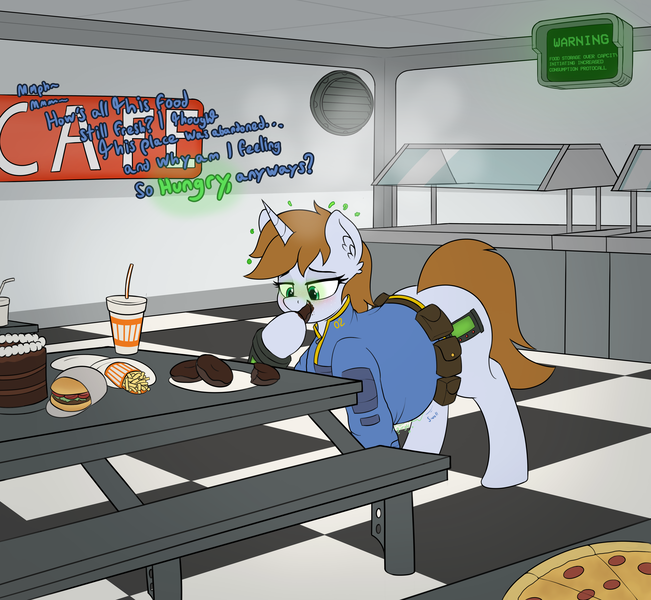 Size: 4000x3684 | Tagged: suggestive, artist:czu, derpibooru import, part of a set, oc, oc:littlepip, unofficial characters only, pony, unicorn, fallout equestria, belly, burger, cake, commission, dialogue, donut, ear fluff, eating, fat, fatlout equestria, female, fetish, food, french fries, hamburger, hypnosis, mare, not so little pip, part of a series, pizza, solo, stomach noise, tech control, this will end in weight gain, whataburger